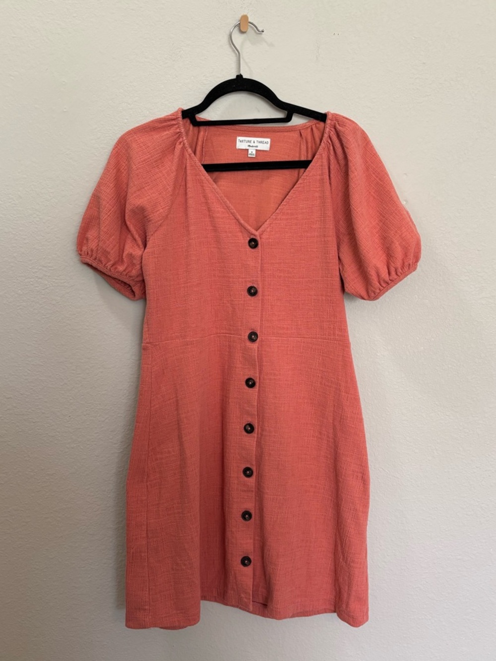 Madewell Texture & Thread Coral Button Front Puff Sleeve Dress Size Medium